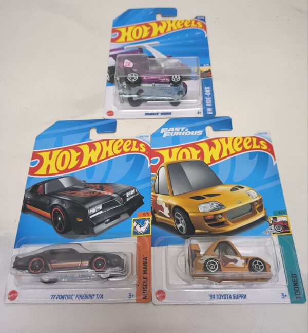 Hot Wheels mainline 77 Pontiac Firebird T/A & 95 Fast & Furious Toyota Supra 3 Cars combo